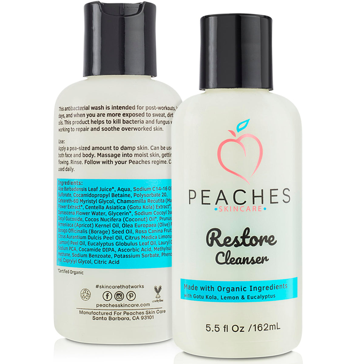 Peaches Skin Care ingredients label focused on gotu kola, lemongrass and eucalyptus benefits