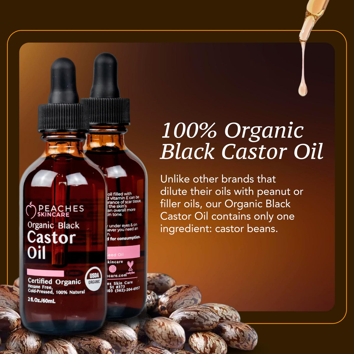 Peaches Skin Care castor oil being poured to show rich texture and hydration