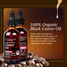 Peaches Skin Care castor oil being poured to show rich texture and hydration