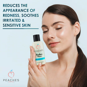 Peaches Skin Care in shower lifestyle shot showing quick post-workout cleansing routine