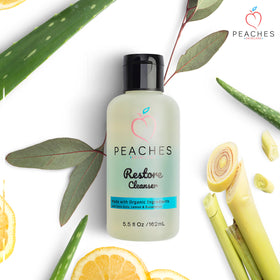 Peaches Skin Care travel pouch with bottle for gym bags, showing portability and convenience