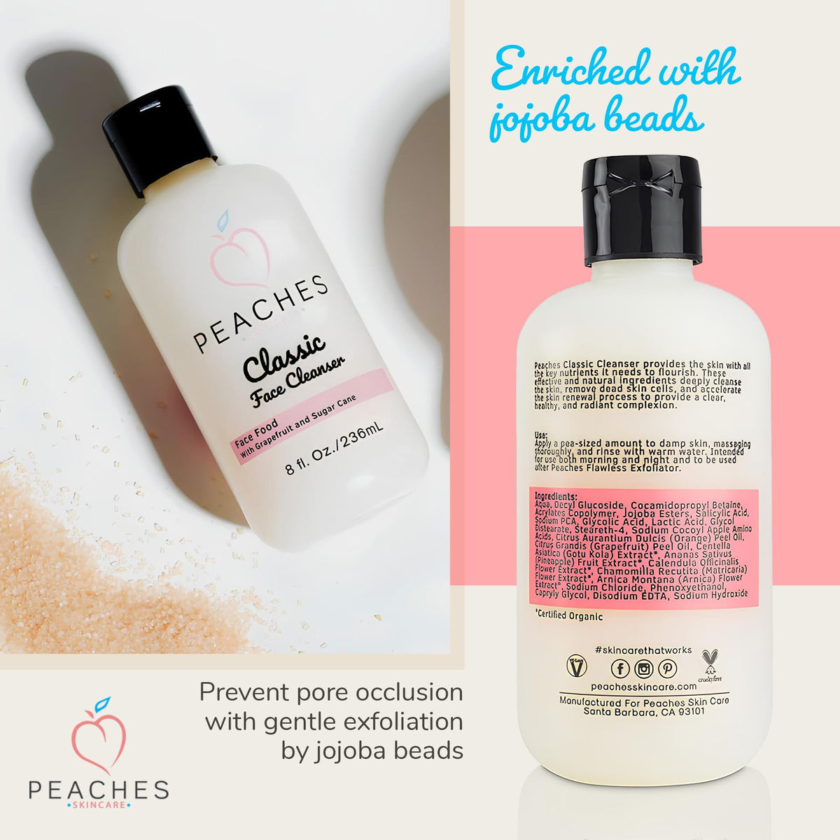 Peaches Skin Care travel setup showing compact cleanser convenience