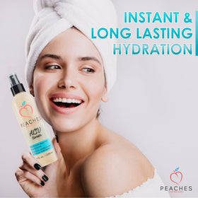 Peaches Skin Care toner being applied with cotton pad for gentle exfoliation