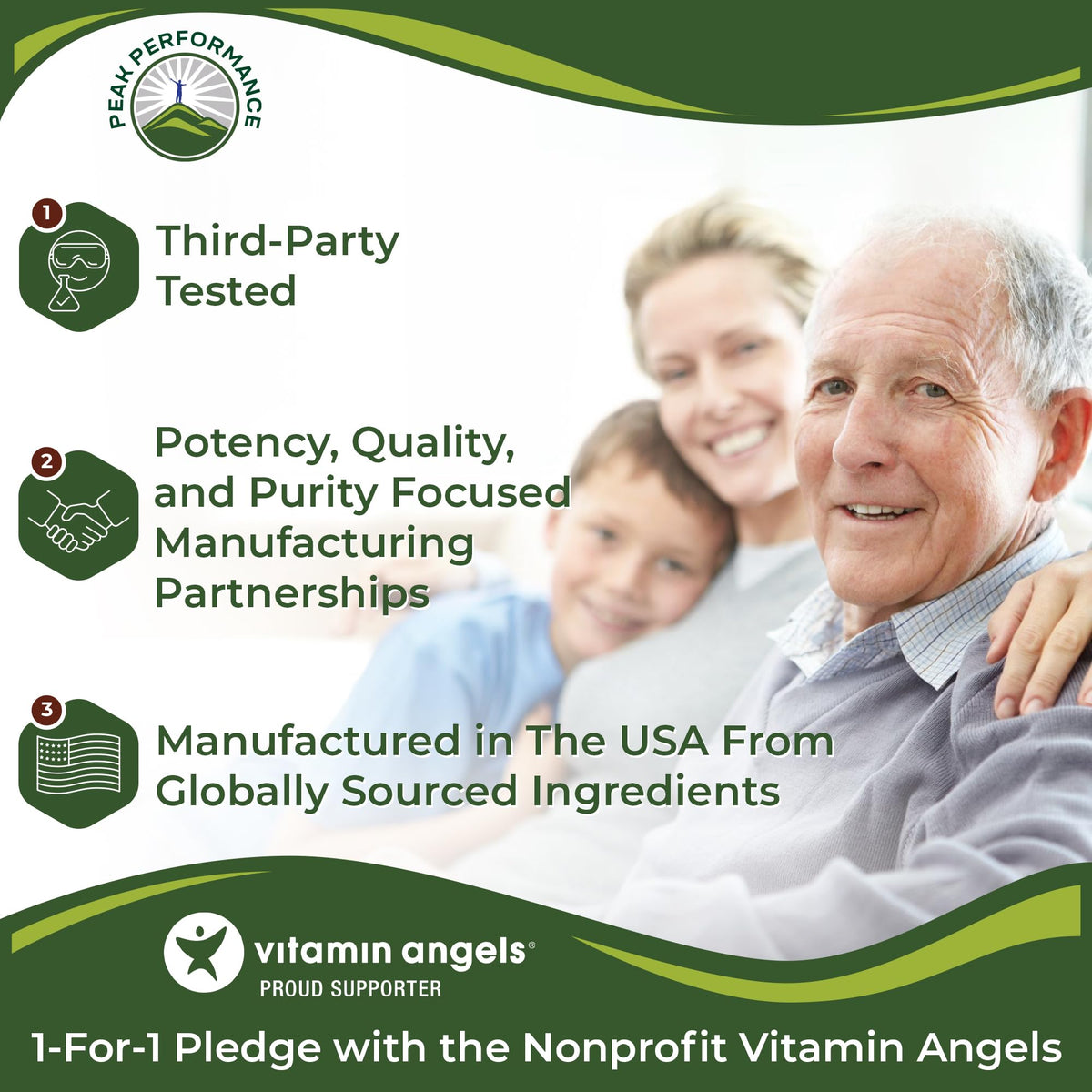Peak Performance packaging and donation card illustrating 1-for-1 impact