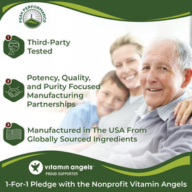 Peak Performance packaging and donation card illustrating 1-for-1 impact