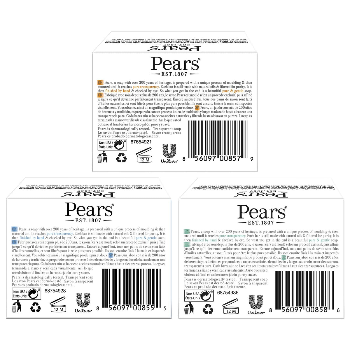 Pears three translucent bars close-up showing color variety and gentle look
