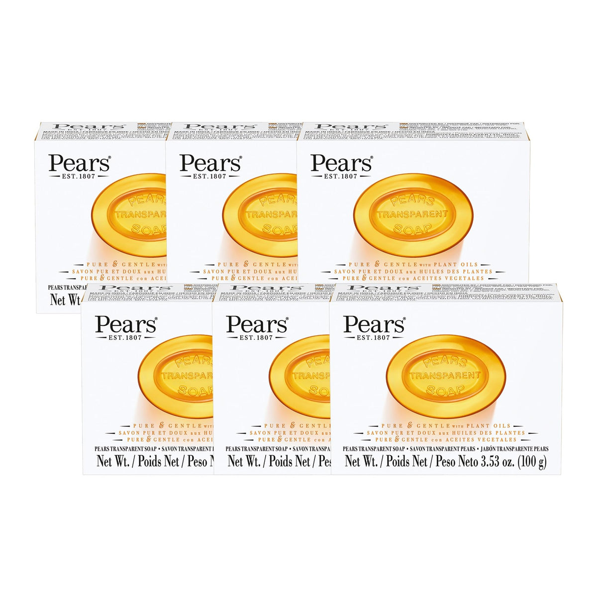 Pears amber front packaging showing six bars and branding benefit soft cleanse