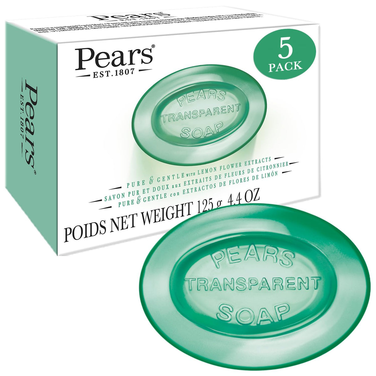 Pears front packaging showing brand and five bars, clear view of product benefits