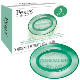 Pears front packaging showing brand and five bars, clear view of product benefits