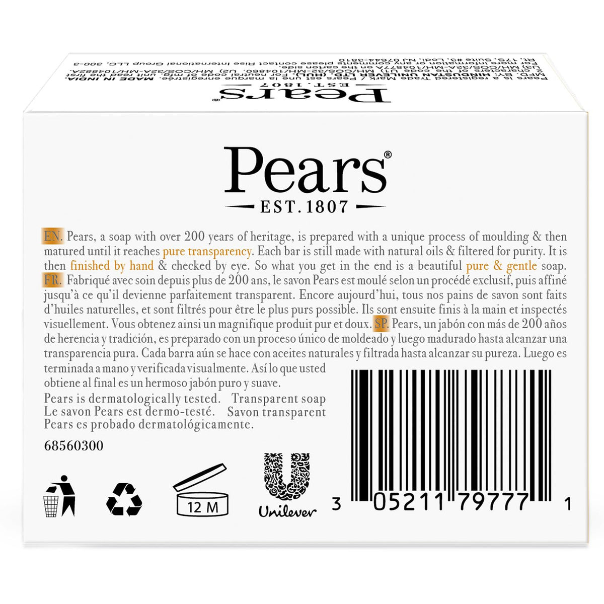 Pears single bar angled closeup highlighting smooth surface and gentle cleansing benefit