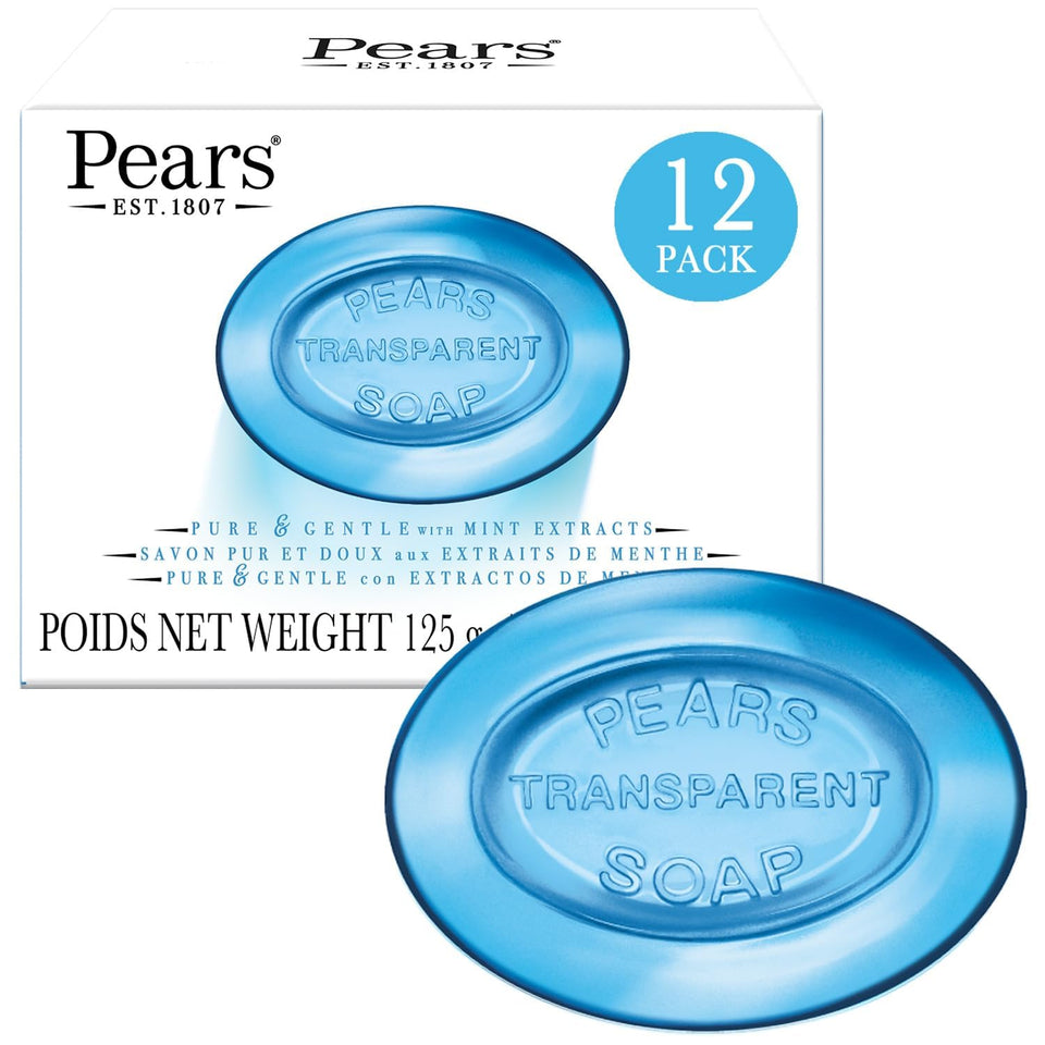 Pears transparent blue front packaging showing brand and 12-pack convenience