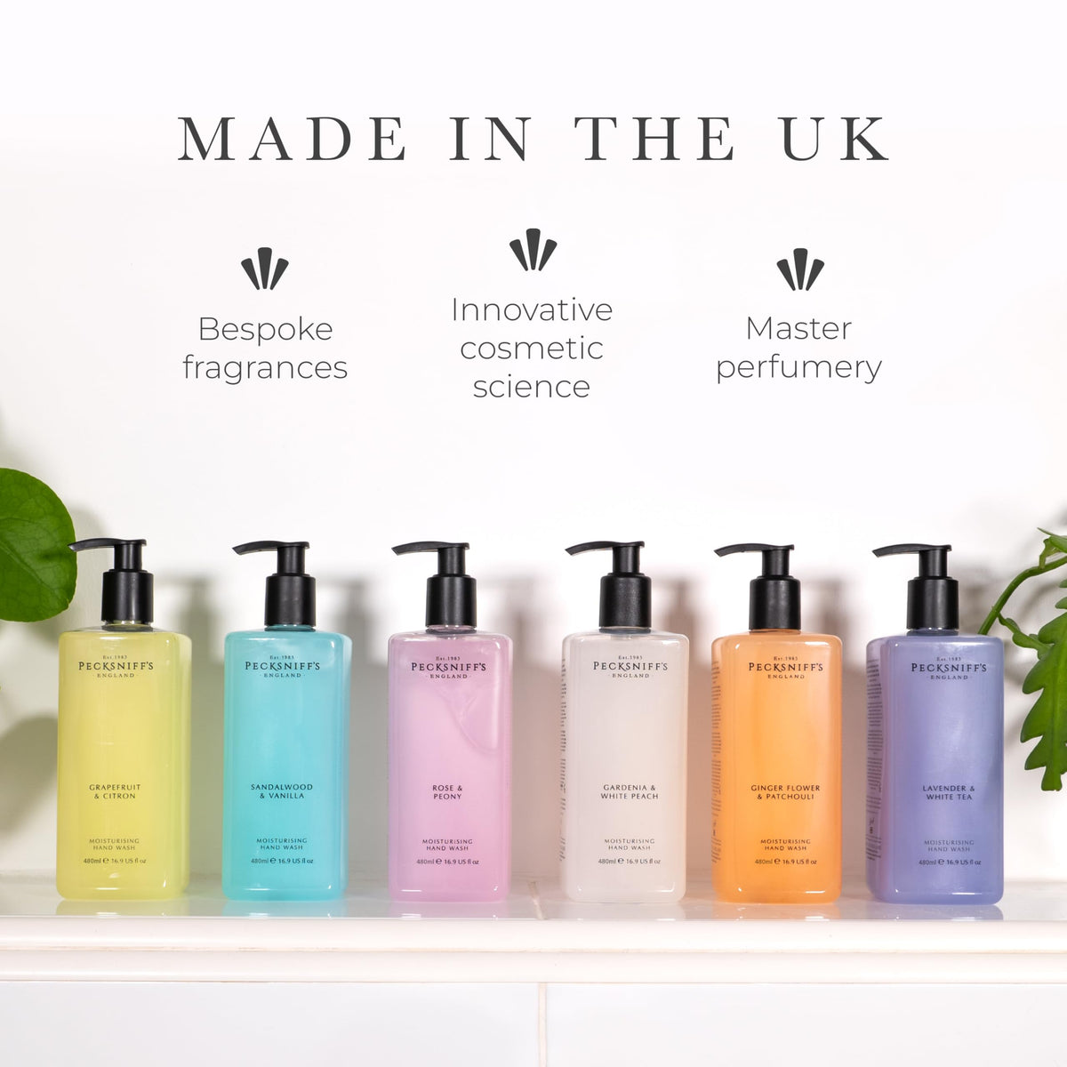 Pecksniff's bottle styled on a bathroom shelf adding sophisticated décor benefit