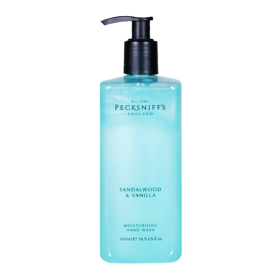 Pecksniff's front bottle shows sandalwood vanilla scent and elegant design benefit