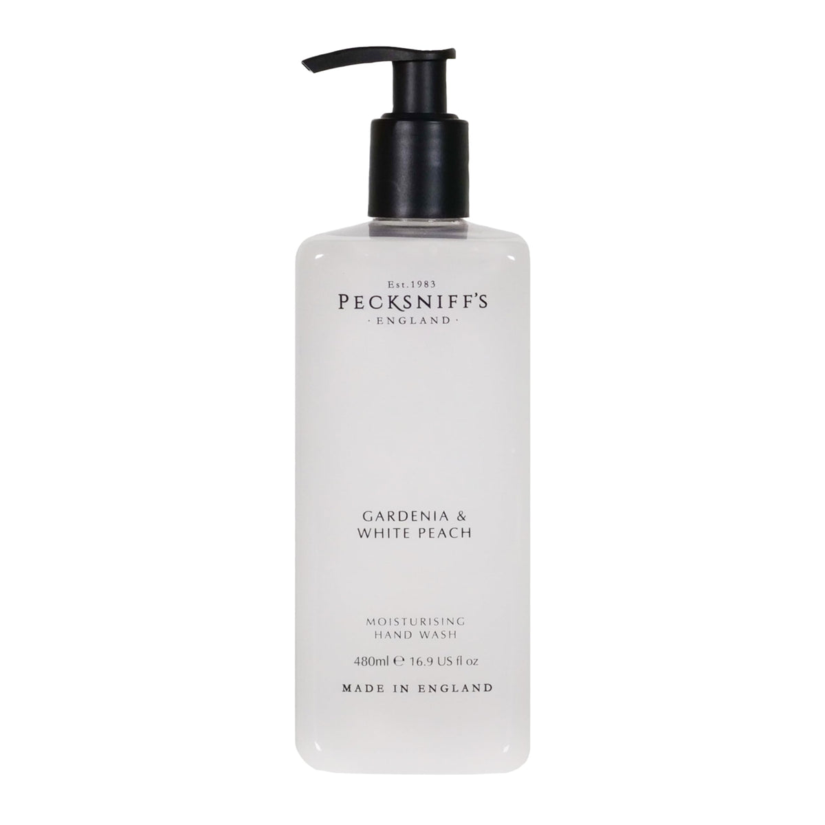 Pecksniff's front bottle view showing gardenia and white peach fragrance for elegant display