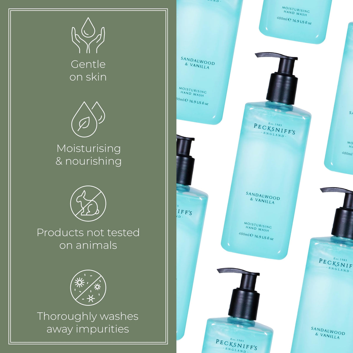Pecksniff's label and ingredient details showing handcrafted England origin benefit