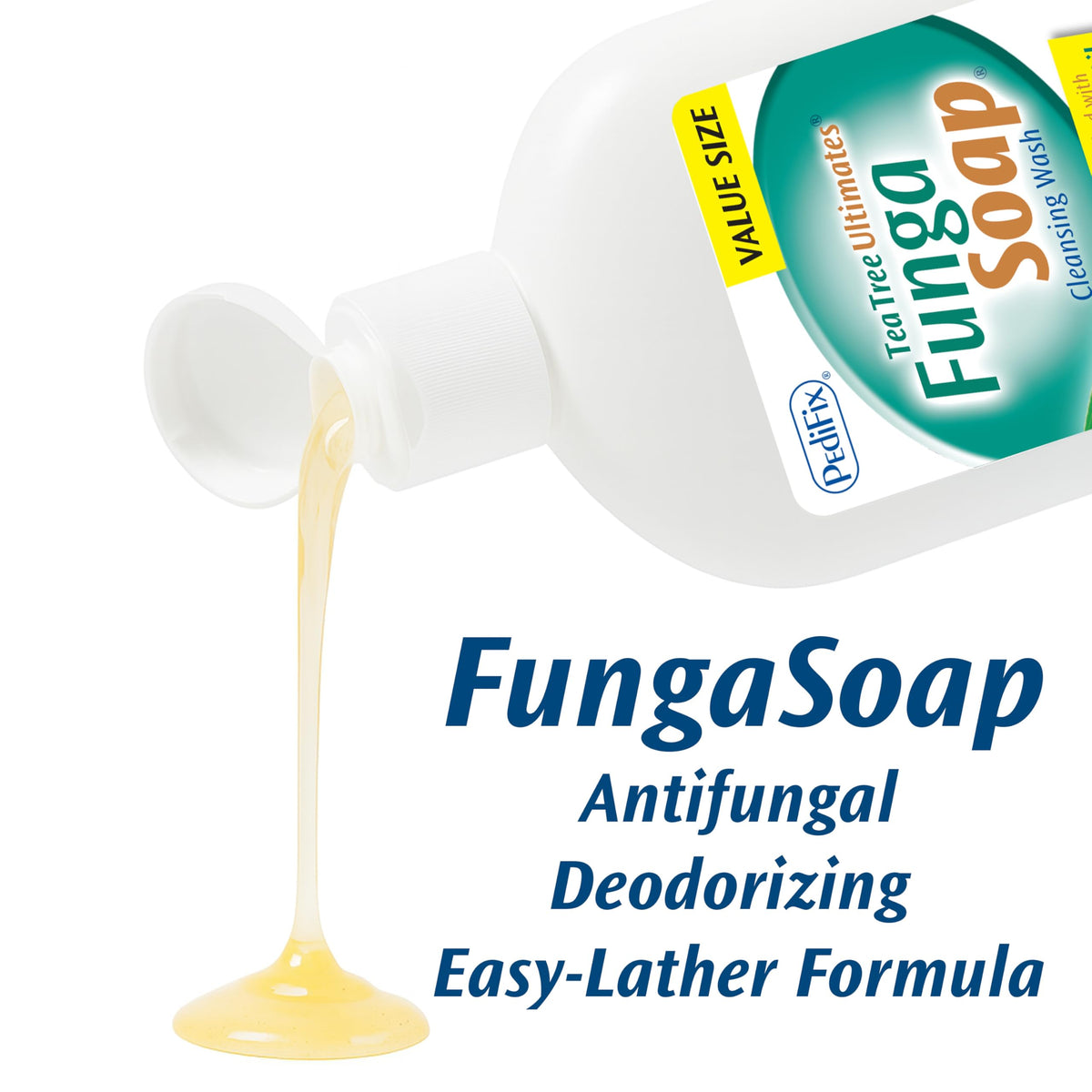 Pedifix FungaSoap bottle next to common items to show 13.5 fl oz scale