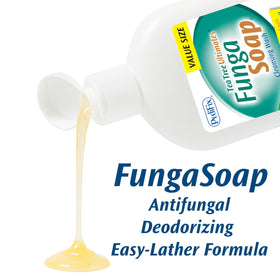 Pedifix FungaSoap bottle next to common items to show 13.5 fl oz scale