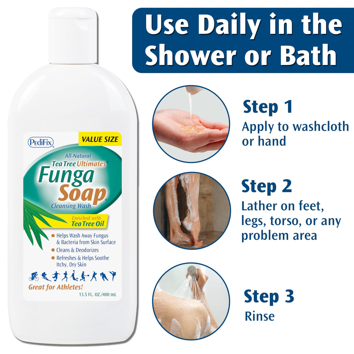 Person washing feet with Pedifix FungaSoap after workout for freshness