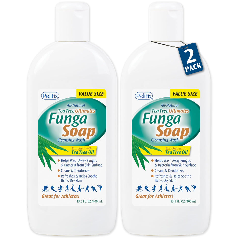 Pedifix FungaSoap front bottle showing label and size benefit of clear product identity