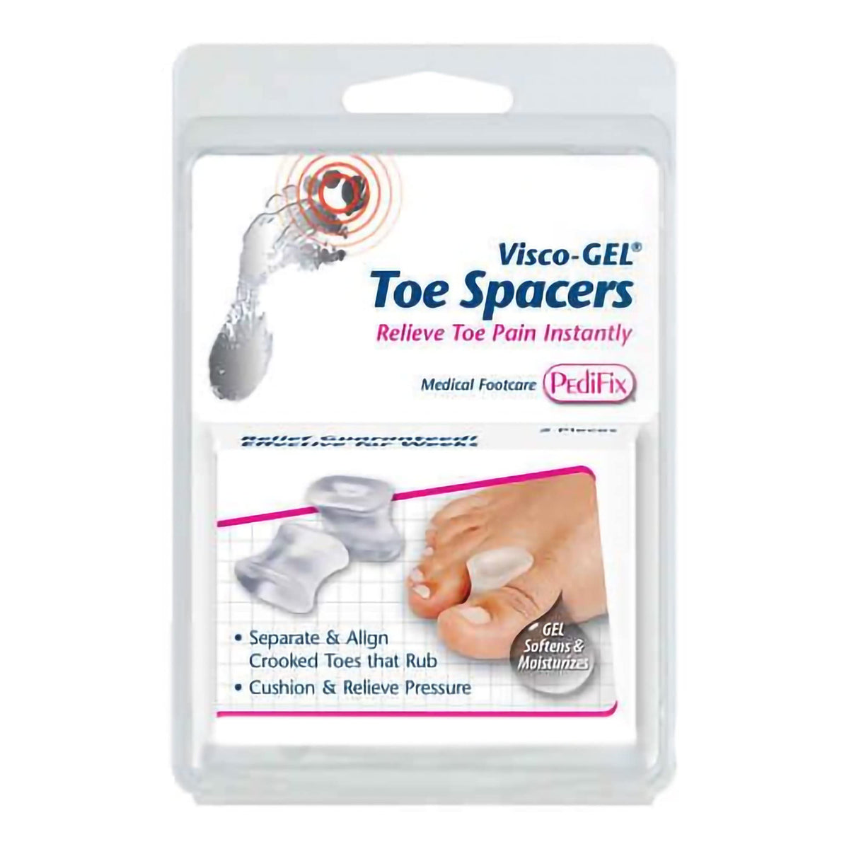 Pedifix gel smart visco-gel front packaging showing four medium toe spreaders and clear benefits