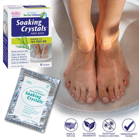 Pedifix opened packet spilled into water illustrating easy single-use portion