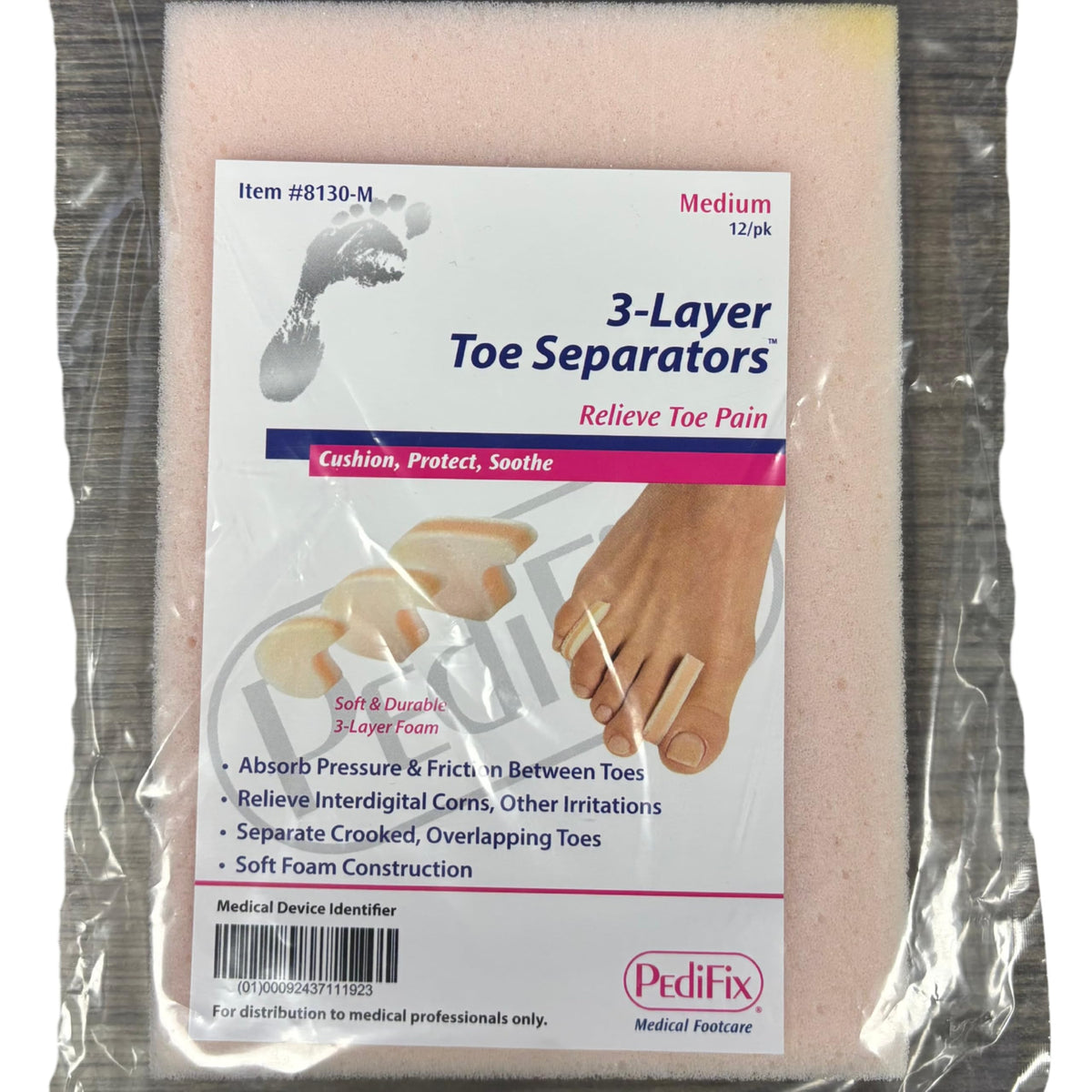 Pedifix separators placed between toes inside shoe demonstrating reduced friction and comfort