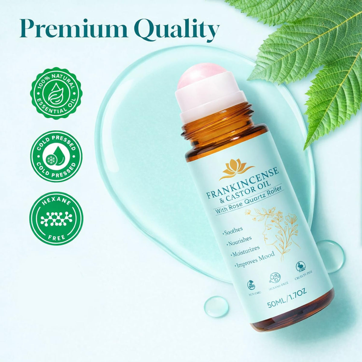 Peehss label ingredients detail showing organic cold-pressed castor oil and frankincense clarity