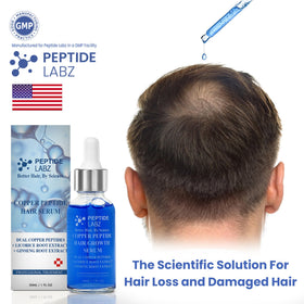 PeptideLabz label close-up highlighting copper peptides and licorice root benefits