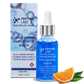 PeptideLabz front bottle showing copper peptide serum and clean citrus look