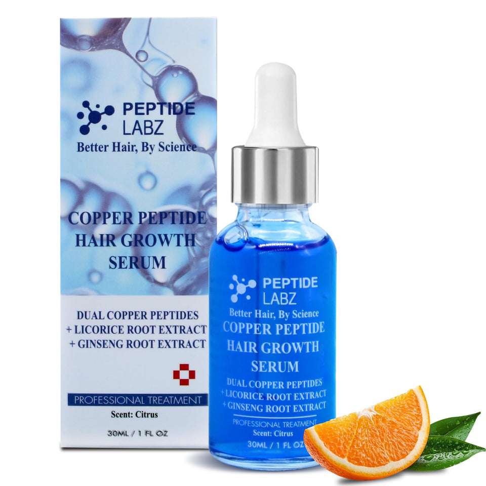 PeptideLabz front bottle showing copper peptide serum and clean citrus look
