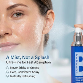 Perfect B3 before and after usage visual suggesting improved tone and pores