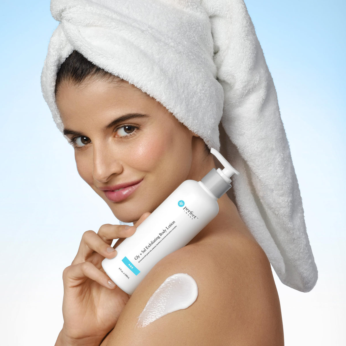 Perfect Image bottle next to hand to show product size and travel-friendly benefit