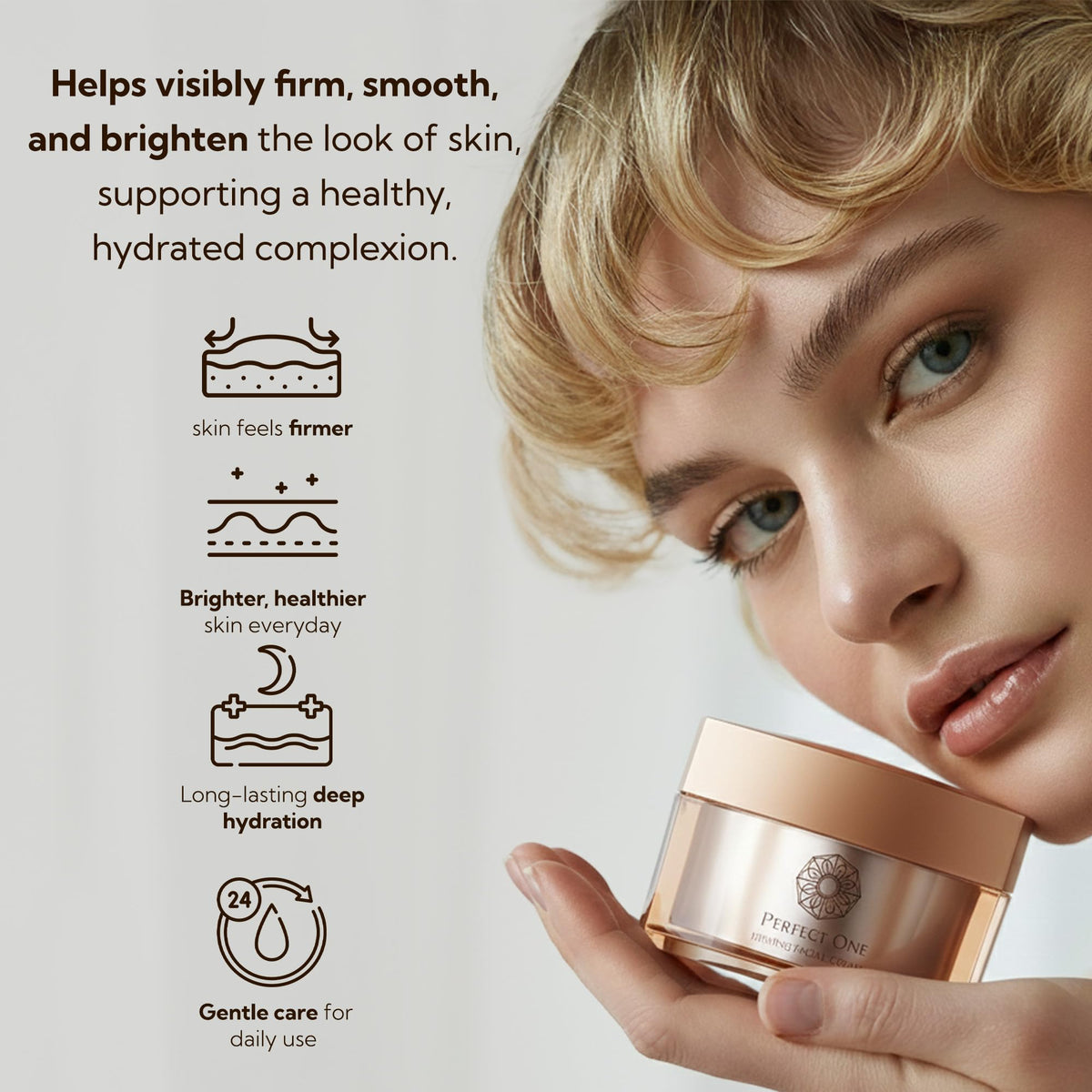 PERFECT ONE cream being applied to hand to demonstrate lightweight spread and skin smoothing