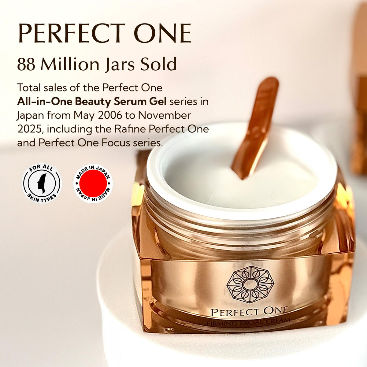 PERFECT ONE beside a coin or tube to show 50g size for travel-friendly convenience