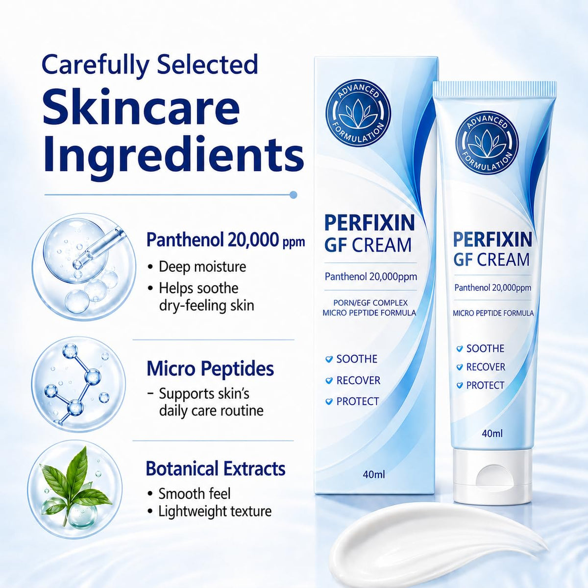 Perfexin tube with cap open and cream on fingertip for easy spread benefit