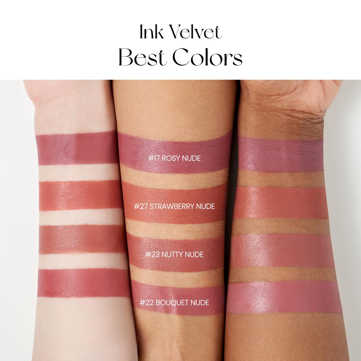 Peripera lip swatch on model showing velvet finish and long-wearing color benefit