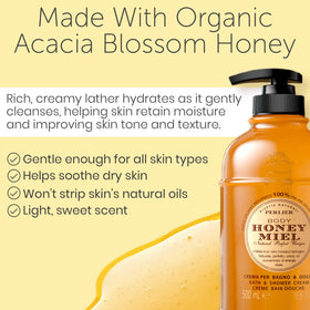 Perlier pouring creamy honey-texture from bottle illustrating rich moisturizing lather