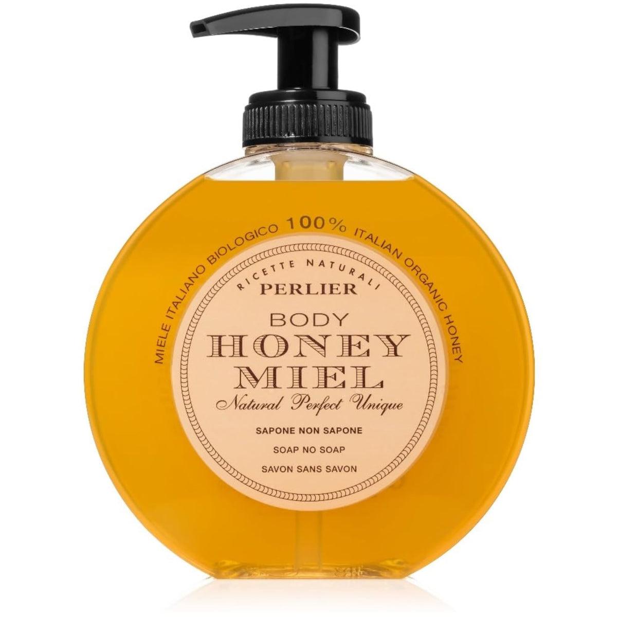 Perlier bottle front packaging showing label and honey benefits