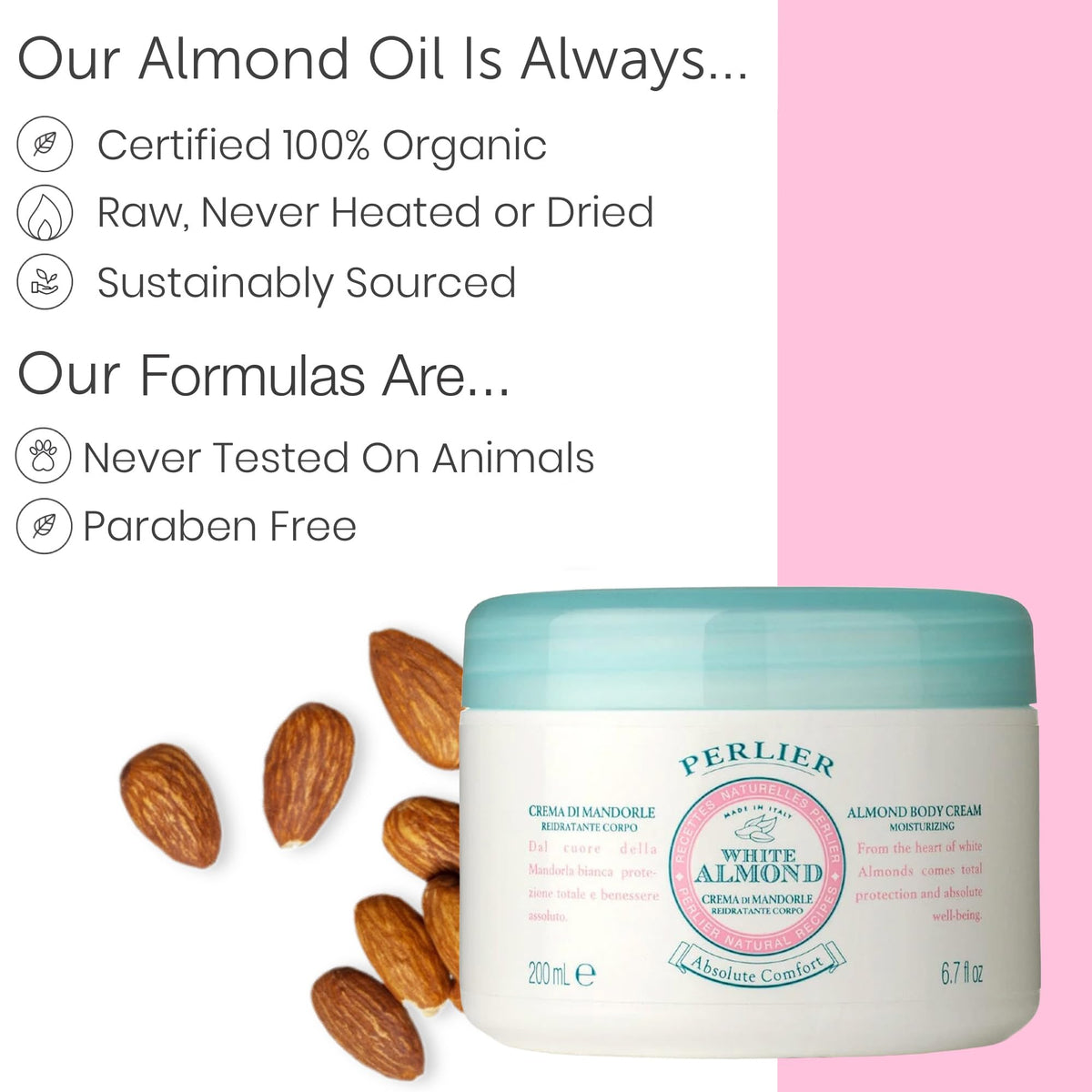 Perlier white almond applied to hands demonstrating fast absorbency and softening benefit