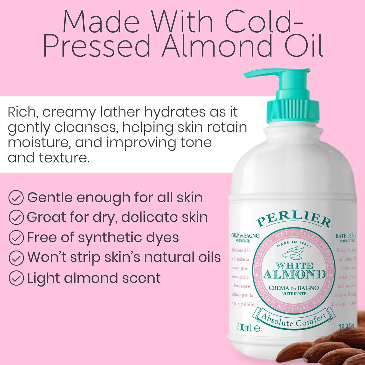 Perlier label close-up on pump and ingredients highlighting quality Italian almond oil