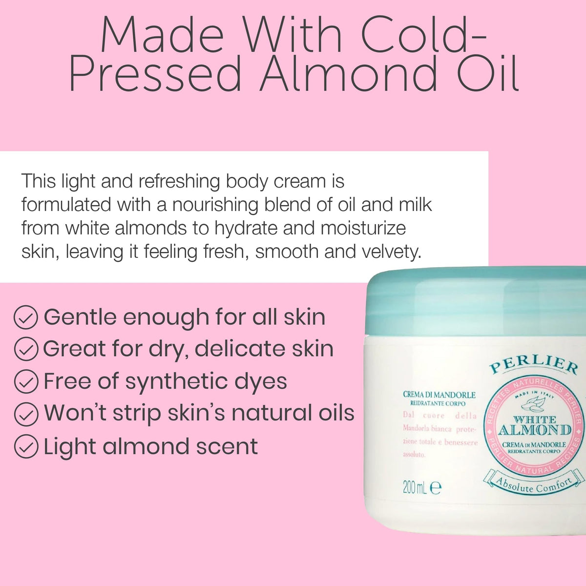 Perlier white almond cream texture closeup showing creamy richness and moisturizing benefit
