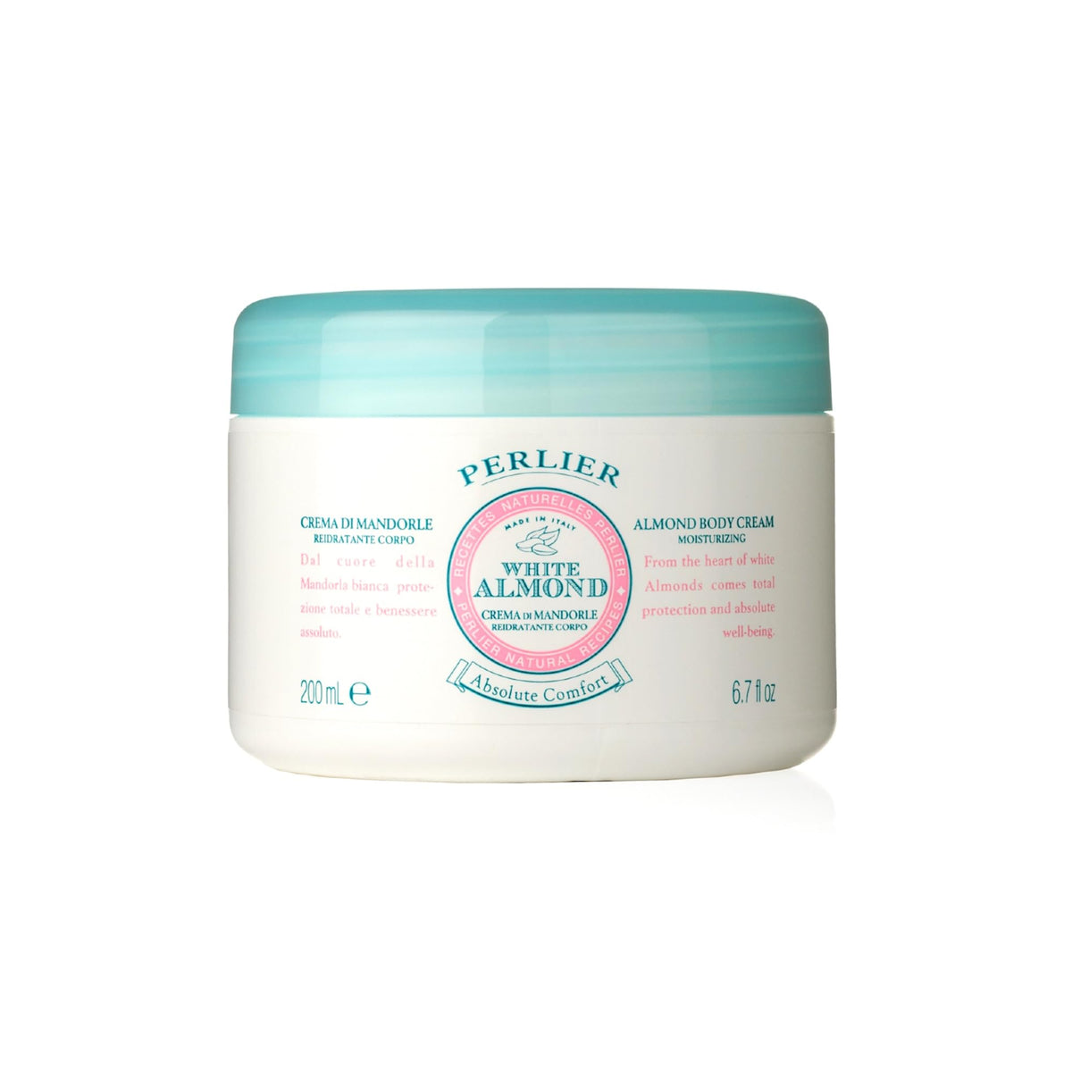 Perlier white almond front jar showing label and 6.7 oz size benefit: recognizable packaging