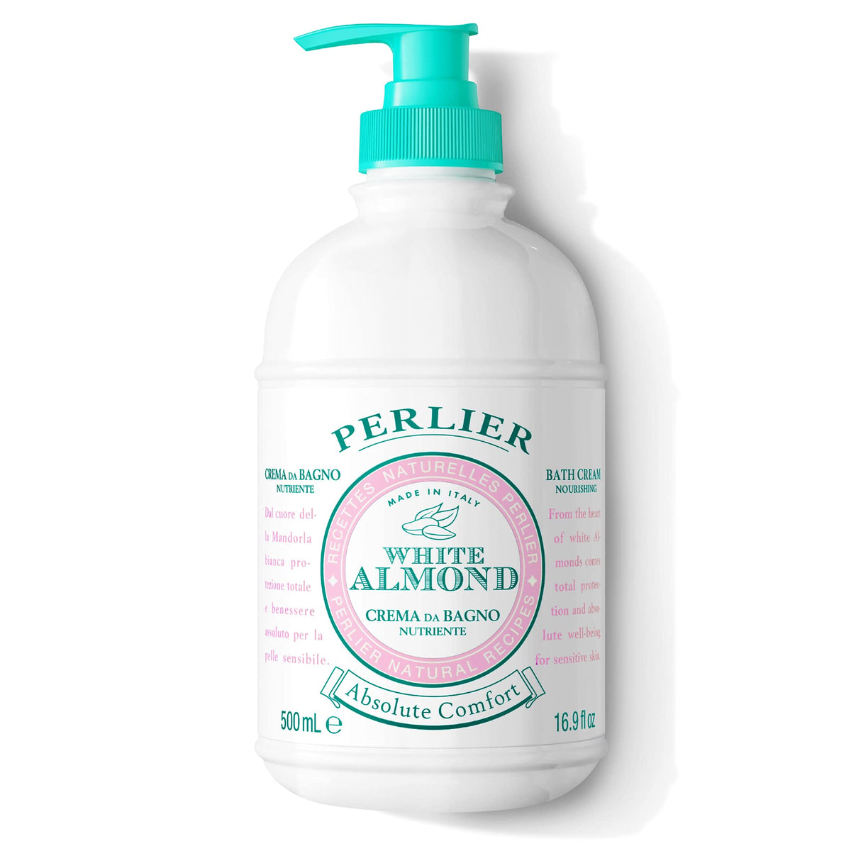 Perlier front packaging showing White Almond bottle and product name for gentle cleansing