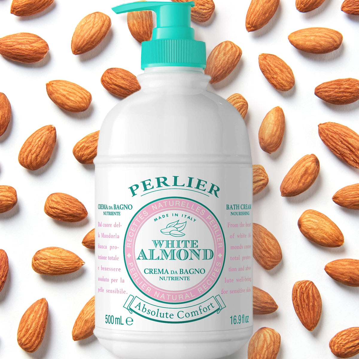 Perlier open bottle pouring cream to show silky consistency and nourishing application