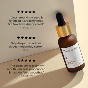 Perricone MD next to a common item showing 1 fl oz size and travel-friendly benefit