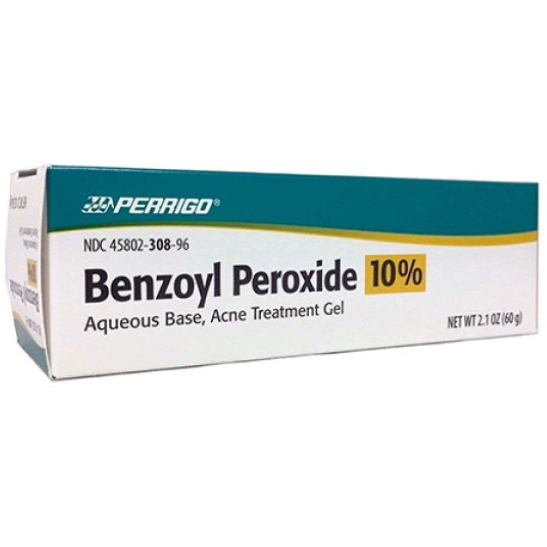 Perrigo 10% benzoyl peroxide gel front packaging showing tube and usage benefit
