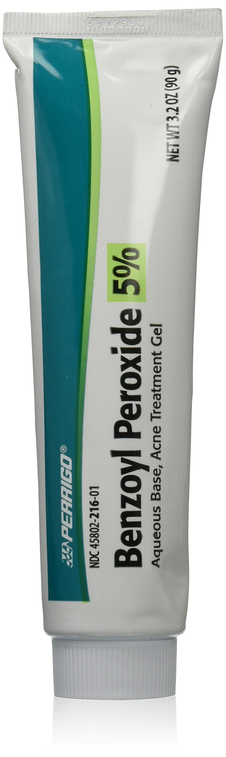 Perrigo 5% benzoyl peroxide 90g tube front view showing packaging and clear application benefit