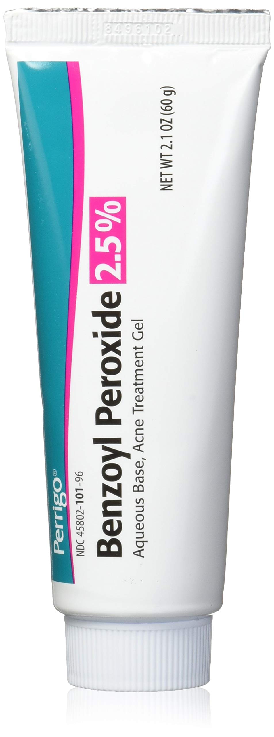 Perrigo front tube view showing 2.5% benzoyl peroxide, easy identification benefit