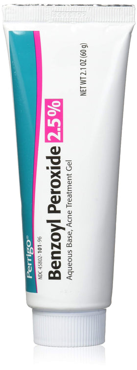 Perrigo front tube view showing 2.5% benzoyl peroxide, easy identification benefit