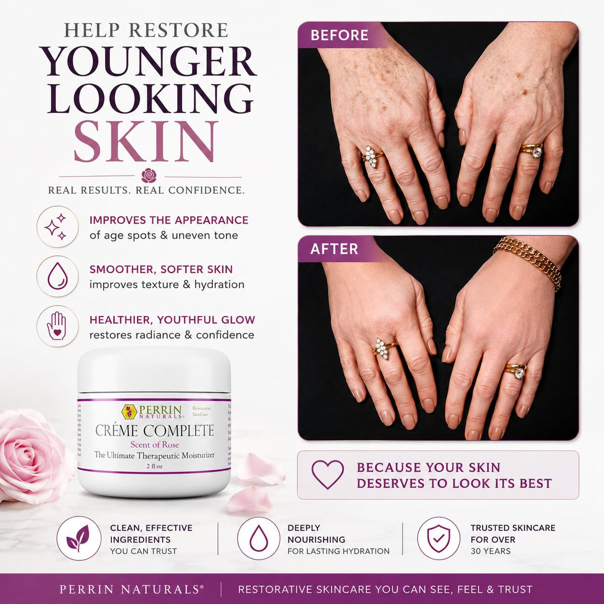 Perrin Naturals cream applied to cheek showing gentle facial nourishment